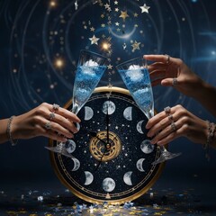 Enchanting Celestial Celebration with Moon Phase Clock and Sparkling Champagne Toast for New