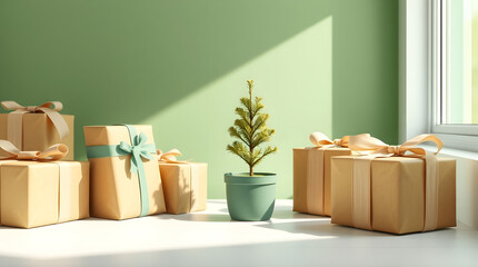 Festive holiday gifts arranged around a small potted Christmas tree, symbolizing celebration and giving
