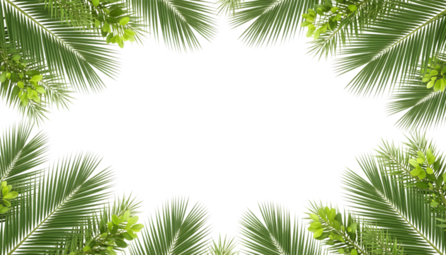 Green palm leaves frame with black space isolated on transparent background