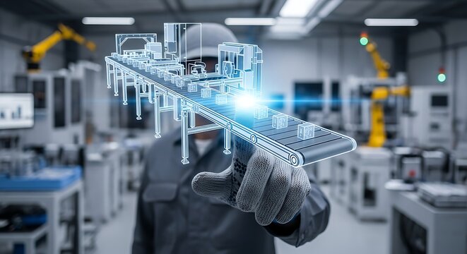 Factory worker interacting with a digital interface, showcasing automated assembly line technology