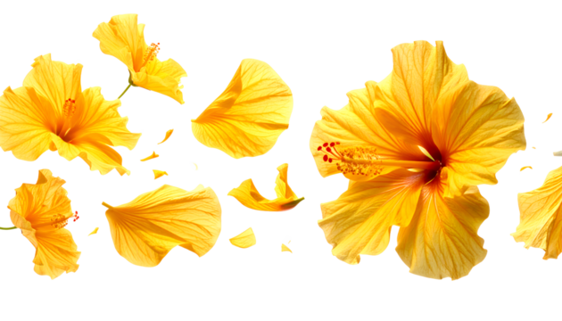Close-up of vibrant yellow hibiscus flowers and petals scattered against a clean white background