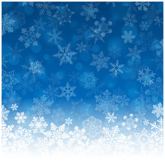 白い雪の結晶が散りばめられた冬の幻想的な青いベクター背景