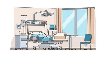 Hospital Room with Medical Equipment and Bed in Bright Natural Light