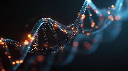 Futuristic Glowing DNA Strand with Molecular Structures & Digital Tech Elements, Biotechnology & Genetics Concept