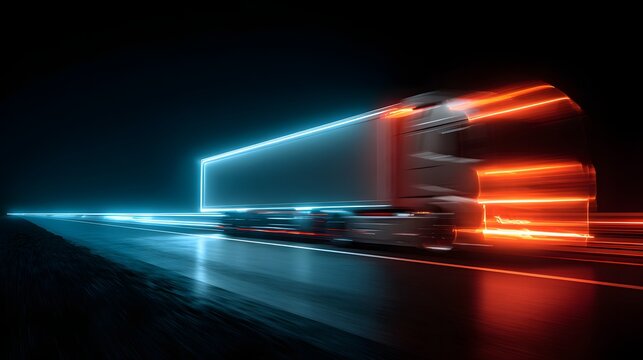 Long exposure shot of a semi-truck with vibrant blue and orange light trails, symbolizing fast and efficient logistics and transportation.