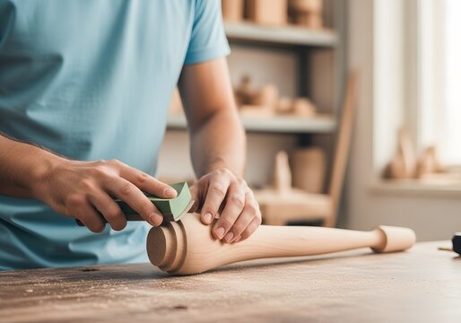 Close-up of Carpenter Hand Sanding Wooden Table Leg in Workshop | Craftsmanship and Woodworking Industry