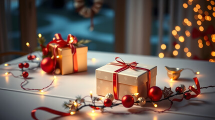 Festive Christmas gifts adorned with red ribbon and twinkling fairy lights, creating a warm and inviting holiday atmosphere