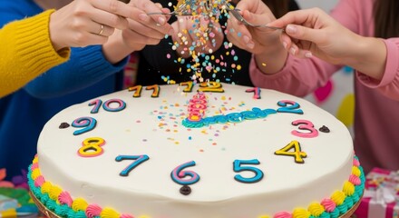 Joyful celebration cake adorned with vibrant clock face numbers and colorful sprinkles for a