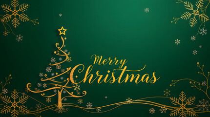 An elegant holiday greeting card featuring a golden stylized Christmas tree and snowflakes with script text on a dark green background
