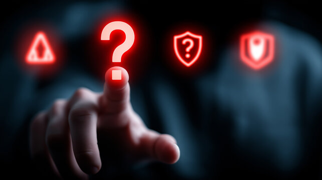 Cybersecurity concept with question mark and warning icons