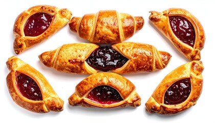 Golden pastries with jam filling and croissants arranged on a white surface