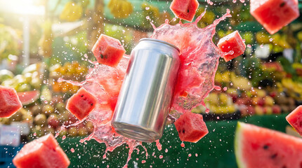 Refreshing watermelon drink exploding from a silver can with juicy fruit pieces in mid-air, perfect for a summer advertisement or vibrant food blog post