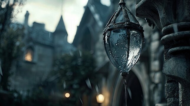 A close-up of an antique, ornate lantern covered in raindrops, hanging in front of a blurred, gothic-style building with a warm light emanating from a window. T - Powered by Adobe