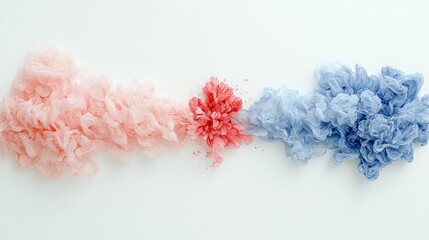 Abstract swirls of pink and blue smoke or fabric, with a vibrant red element in the center, against a clean white background. The textures are soft and flowing.