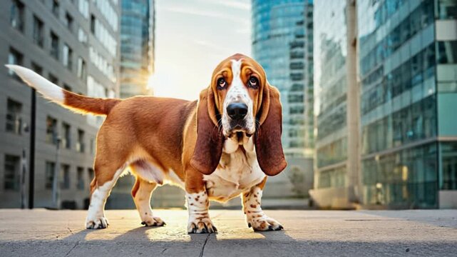 Basset hound standing on a ledge in front of tall buildings on a sunny day in an urban setting dog video