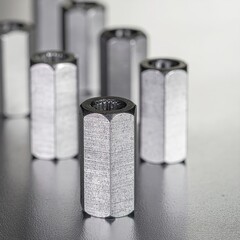Close up view of several metallic hexagonal coupling nuts standing vertically on a reflective surface