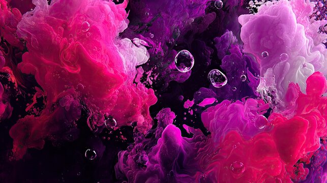 Abstract swirls of vibrant pink and purple ink dissolving in dark liquid, with small transparent bubbles floating throughout the composition.