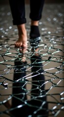 A person's feet cautiously traversing a dangerous surface of sharp broken glass shards reflecting