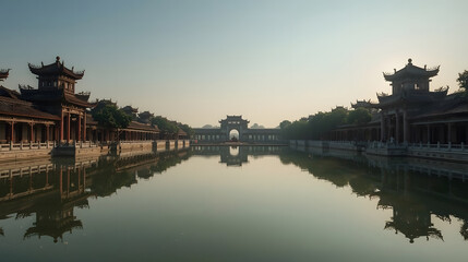 Naklejka premium Chinese Temple Water Reflection Tranquil Courtyard