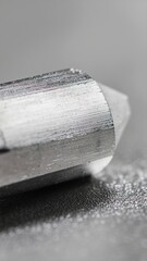 Extreme close up of a machined metal rod end with brushed surface texture and conical tip