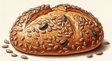 A wholesome and delicious artisan bread roll completely covered in nutritious sunflower seeds, isolated on a white background illustration