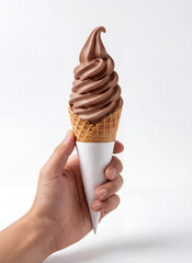 chocolate ice cream cone being held on white background