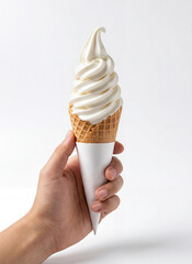 cream ice cream cone being held on white background