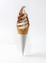 Chocolate and cream ice cream cone standing on white background