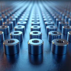 Rows of precisely machined metallic cylinders with central threaded holes glowing under blue light