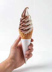 chocolate and cream ice cream cone held in white background