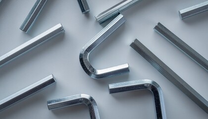 Assortment of shiny metal hexagonal Allen keys scattered across a light gray surface top view