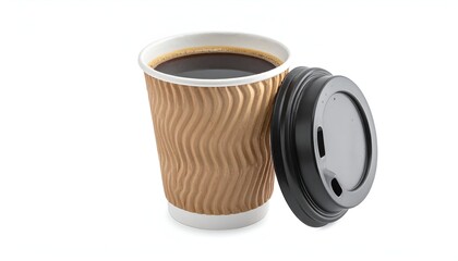 Coffee in a textured paper cup with a black lid, isolated on a clean white background