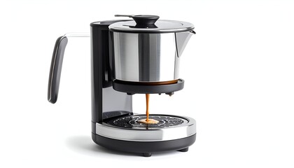Coffee maker dispensing liquid coffee. Modern design with stainless steel and black elements