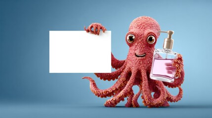 Naklejka premium Cute Octopus Holds Bottle of Soap in Clean Space for Hygiene Marketing and Promotion