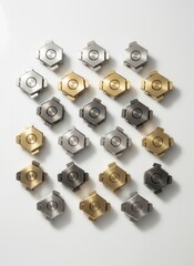 Collection of small geometric metal fidget toys arranged in rows on a white background