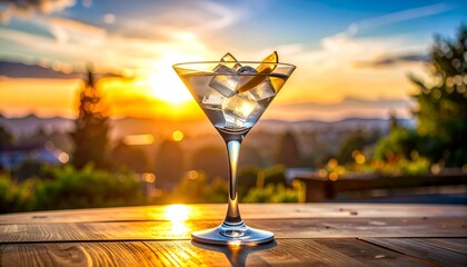 Cocktail glass with ice & garnish, silhouetted by golden sunset over a landscape