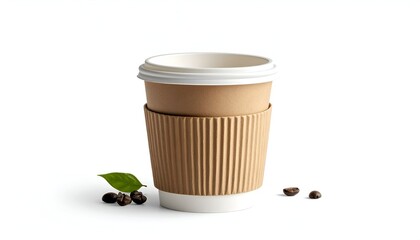 Coffee cup with sleeve, lid, beans, and leaf on white background
