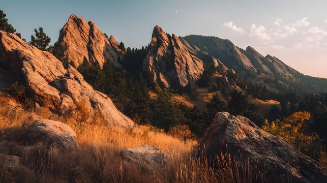 Majestic Flatirons of Boulder Colorado Bathed in Golden Hour Light.
