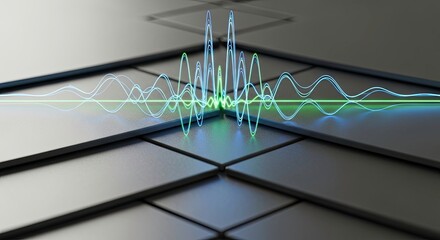Abstract representation of quantum computing signal processing on a futuristic metallic surface with glowing waveform