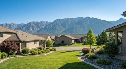 Houses with manicured lawns and mountain backdrop on a sunny day