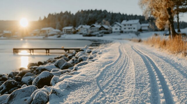 Winter Road with Tracks in the Snow, Low Angle Perspective