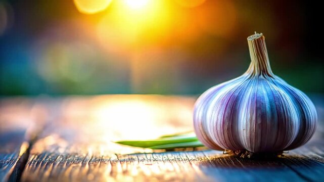 Close up of fresh garlic bulb on wooden surface with sunlight