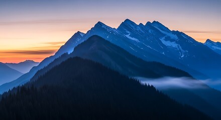 Obraz premium Majestic Mountain Layers Unveiled at Dawn, Capturing the Serene Beauty of Alpine Wilderness with Whisps of Cloud and a Vibrant, Colorful Sky