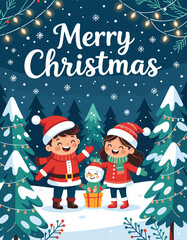 Happy Children Celebrating Christmas in Winter Forest