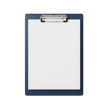 A dark blue clipboard with a blank white paper sheet attached isolated on white background