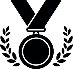Medal Award Icon in Black and White with Laurel Wreath on Plain Background