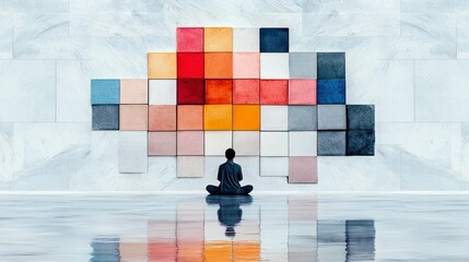A solitary figure in silhouette sits in a meditative pose on a reflective floor, facing a large, abstract wall art composed of colorful square tiles arranged in