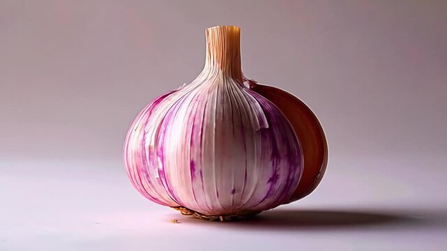 Close up of fresh garlic head on white surface with dramatic lighting