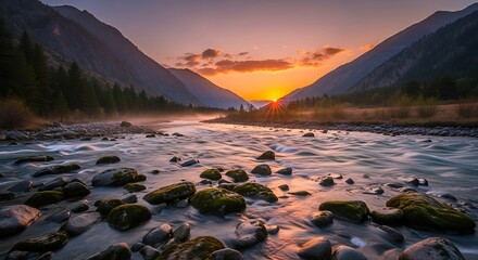 Sunset Over Misty Mountain River Valley Nature's Serene Landscape with Rocky Stream