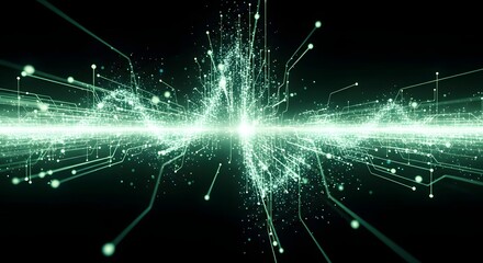 futuristic light green electric light wave with digital circuit lines and glowing particles in motion